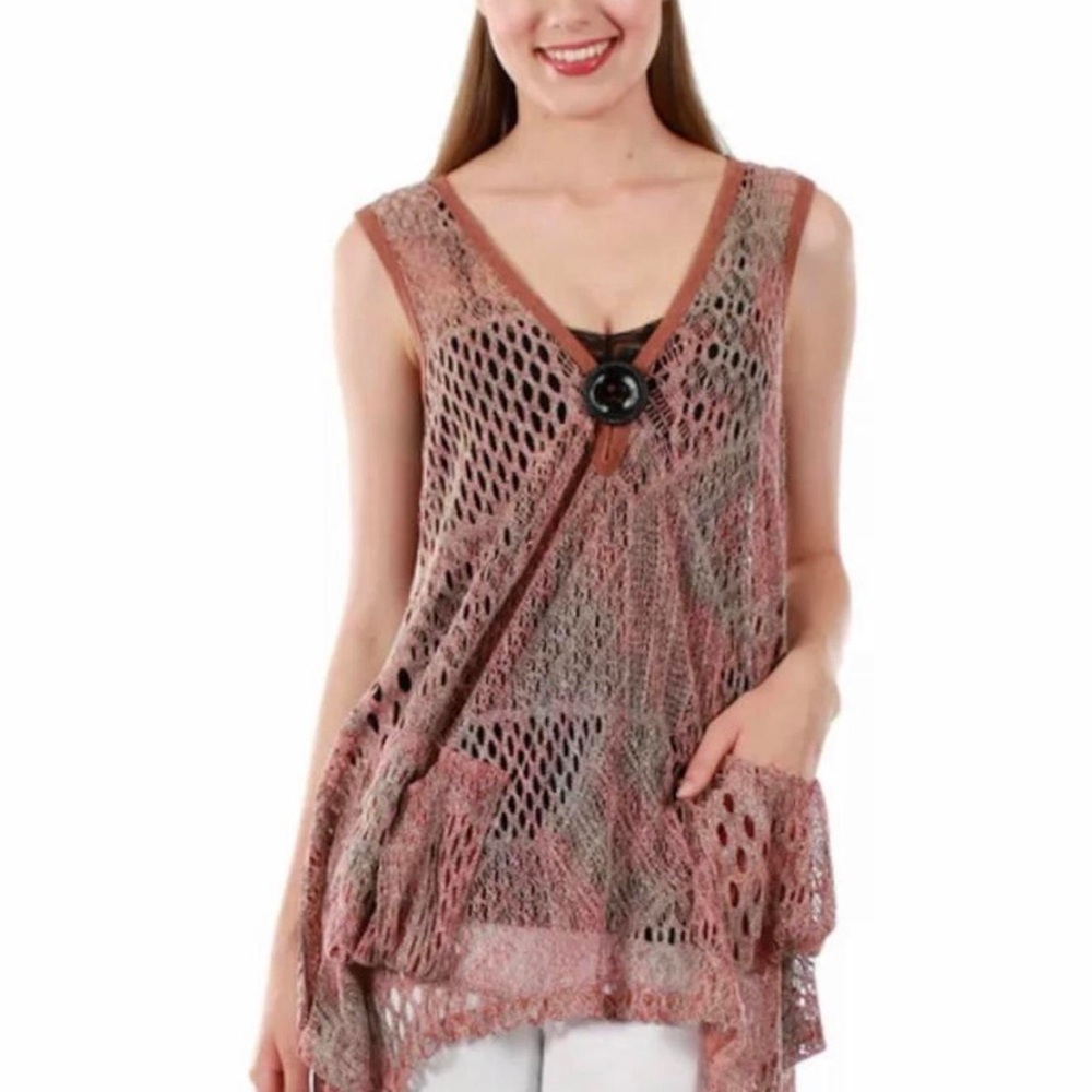 Lily By Firmiana Women's Sleeveless Crochet Brown Vest Top L